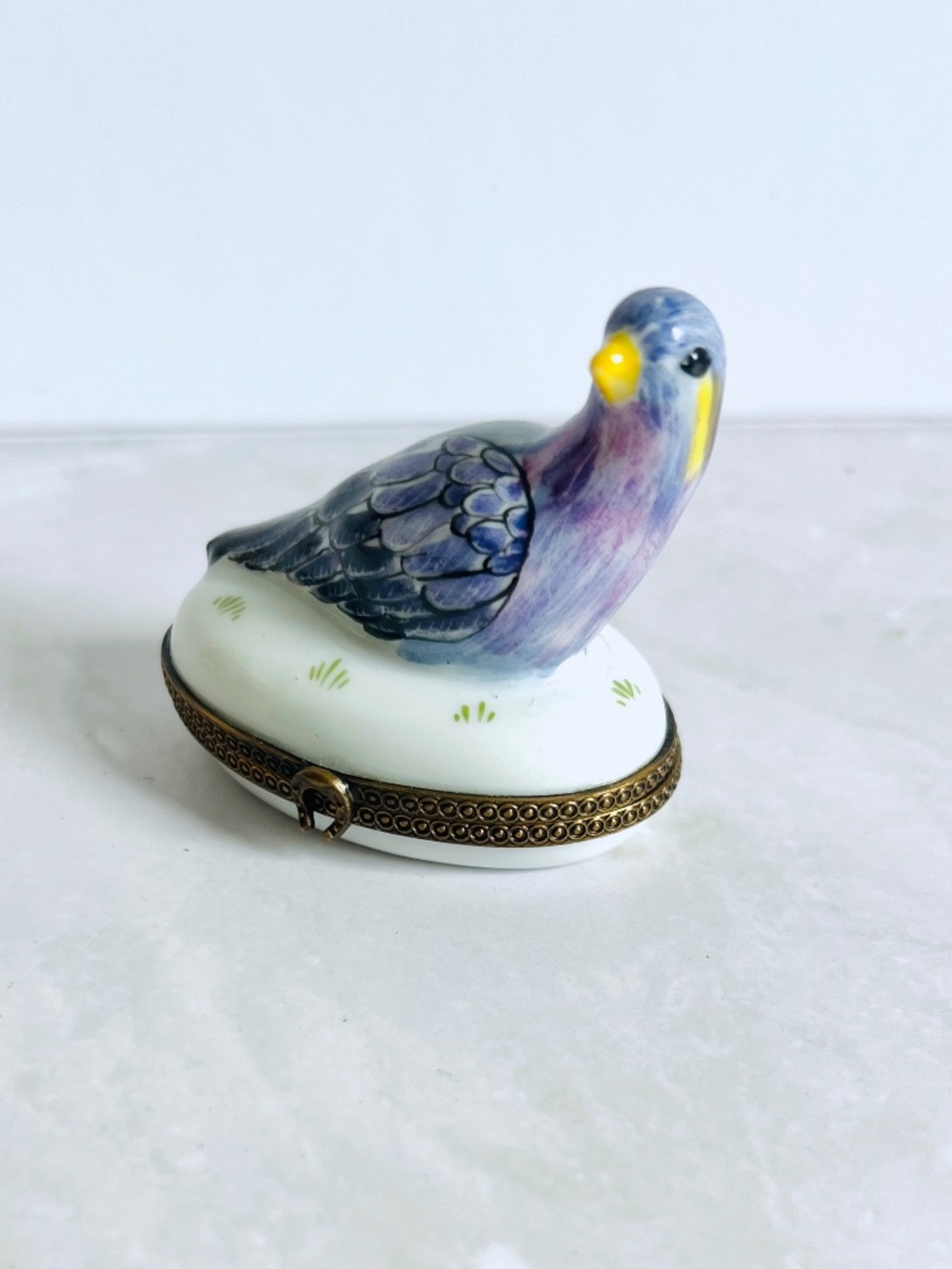 Hand Painted Limoges France Parakeet Box Peint Main l Bird Trinket Box Blue Purp